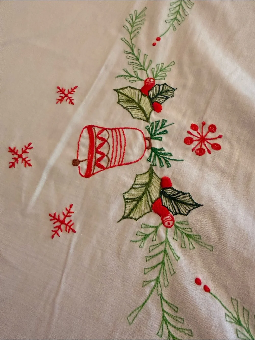 Embroidered White Holiday Tablecloth with Red & Green Accents Vintage Christmas